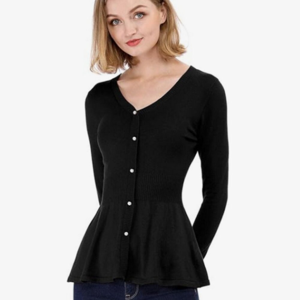 Allegra K Black Peplum Ribbed Knit V-neck Long Sleeve Sweater Size M NWT